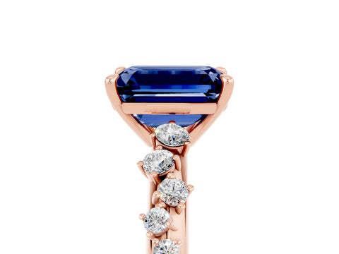 Rose gold Emerald Cut Blue Sapphire Cluster Side Stone Solitaire Ring with Prong Setting_29