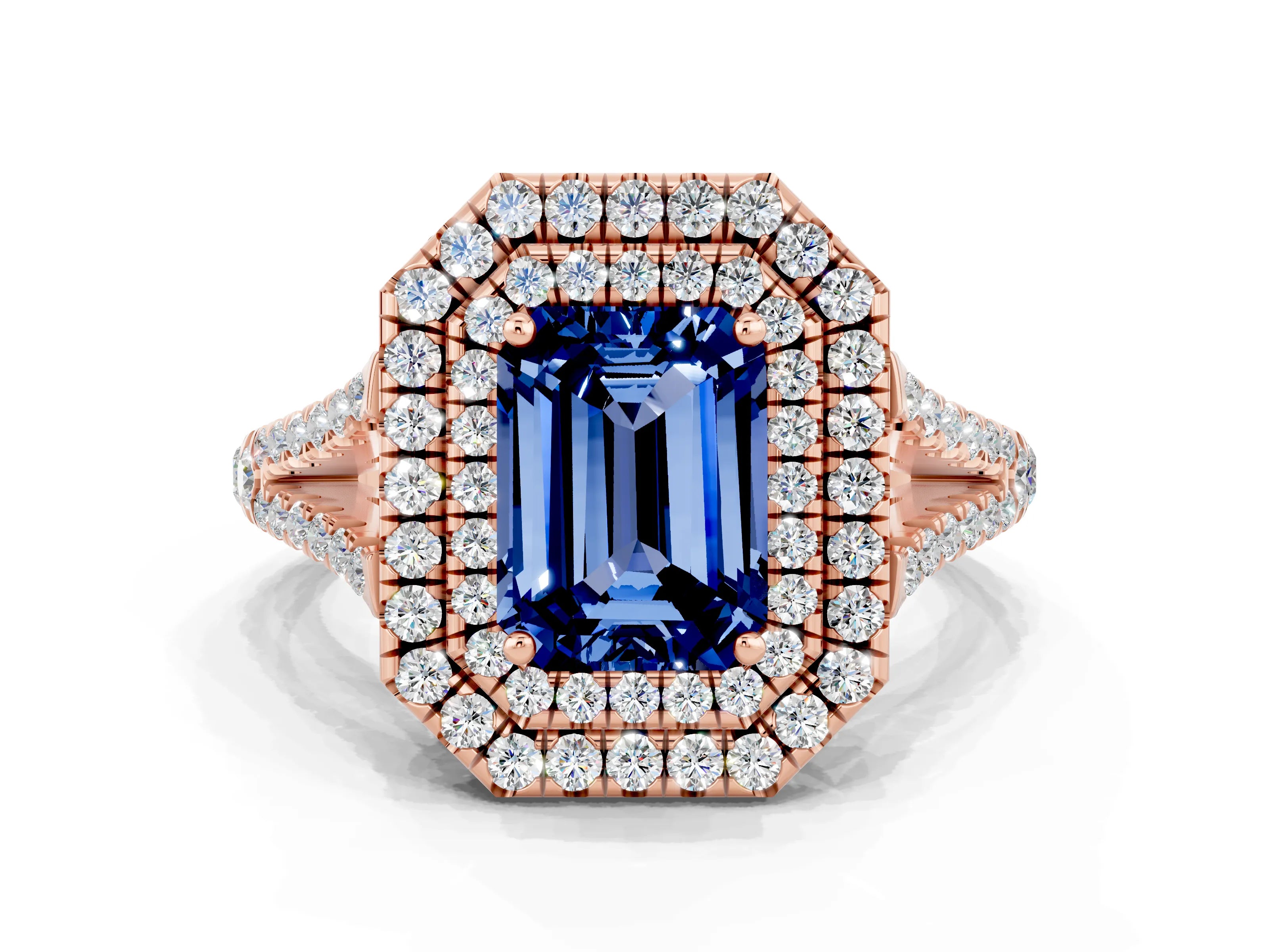Rose gold Emerald Cut Blue Sapphire Double Halo Ring with Pavé Band and Prong Setting_12