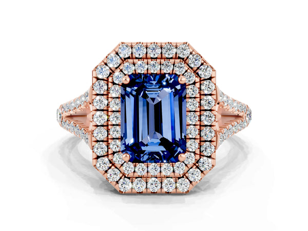 Rose gold Emerald Cut Blue Sapphire Double Halo Ring with Pavé Band and Prong Setting