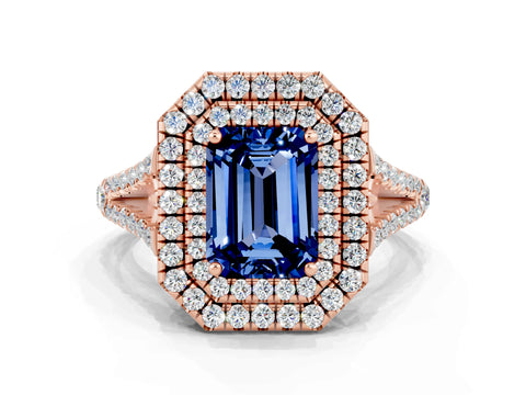 Rose gold Emerald Cut Blue Sapphire Double Halo Ring with Pavé Band and Prong Setting_12