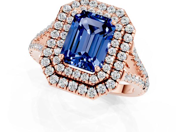 Rose gold Emerald Cut Blue Sapphire Double Halo Ring with Pavé Band and Prong Setting