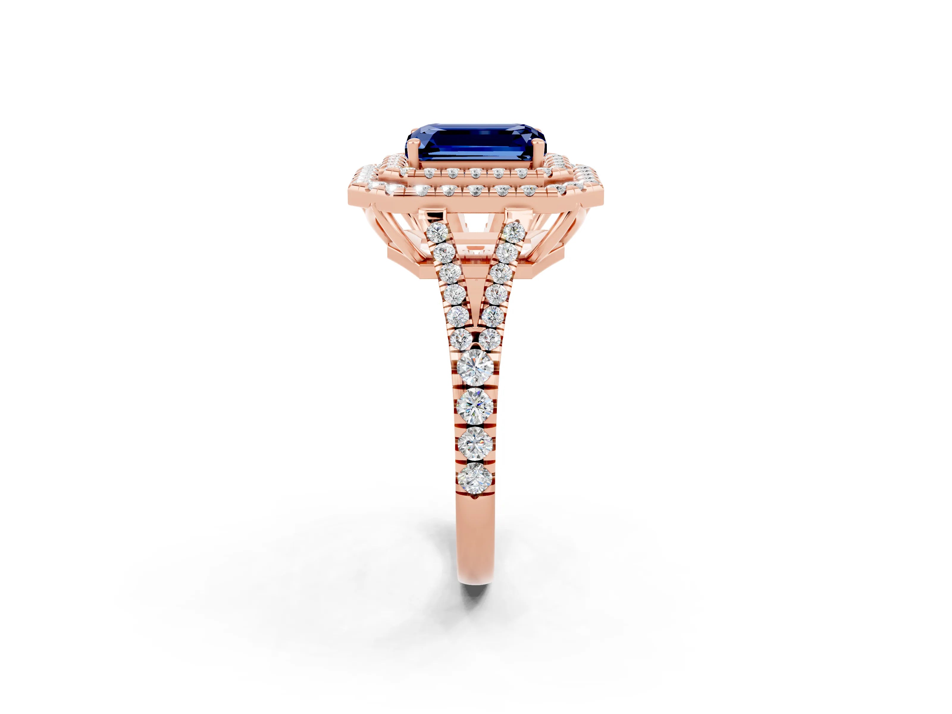 Rose gold Emerald Cut Blue Sapphire Double Halo Ring with Pavé Band and Prong Setting_14