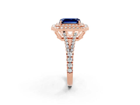 Rose gold Emerald Cut Blue Sapphire Double Halo Ring with Pavé Band and Prong Setting_14