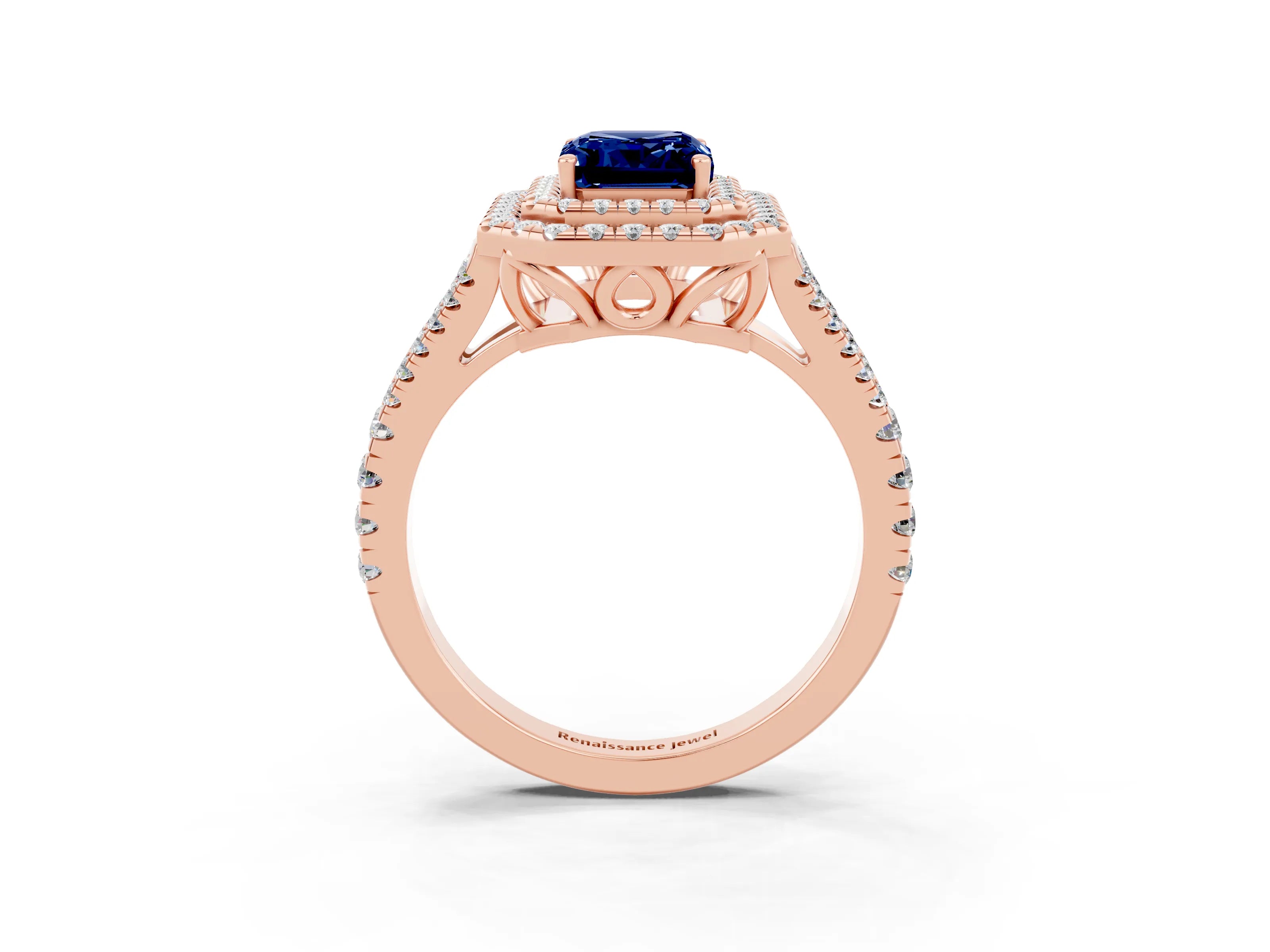 Rose gold Emerald Cut Blue Sapphire Double Halo Ring with Pavé Band and Prong Setting_15