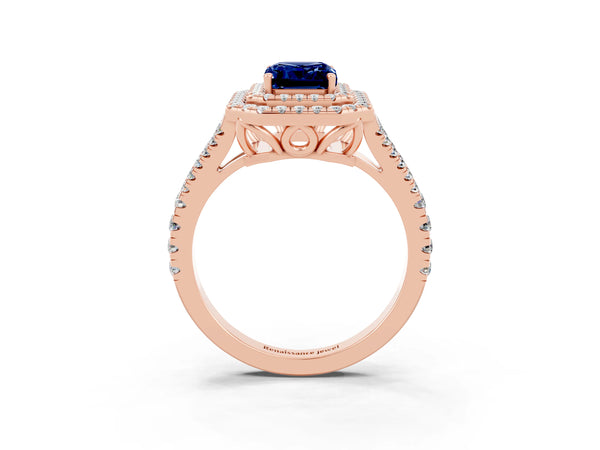 Rose gold Emerald Cut Blue Sapphire Double Halo Ring with Pavé Band and Prong Setting