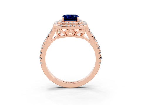 Rose gold Emerald Cut Blue Sapphire Double Halo Ring with Pavé Band and Prong Setting_15