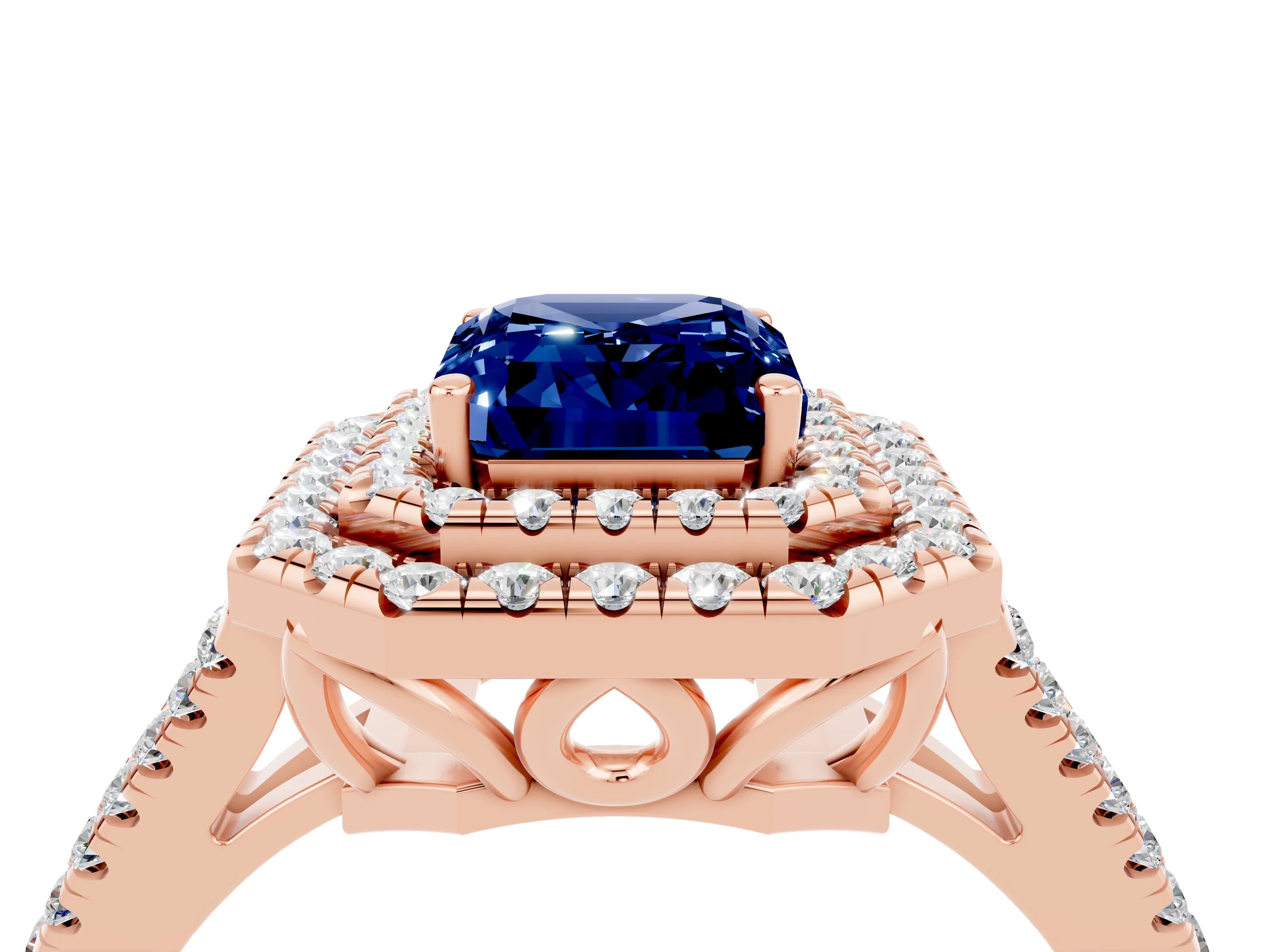 Rose gold Emerald Cut Blue Sapphire Double Halo Ring with Pavé Band and Prong Setting_16