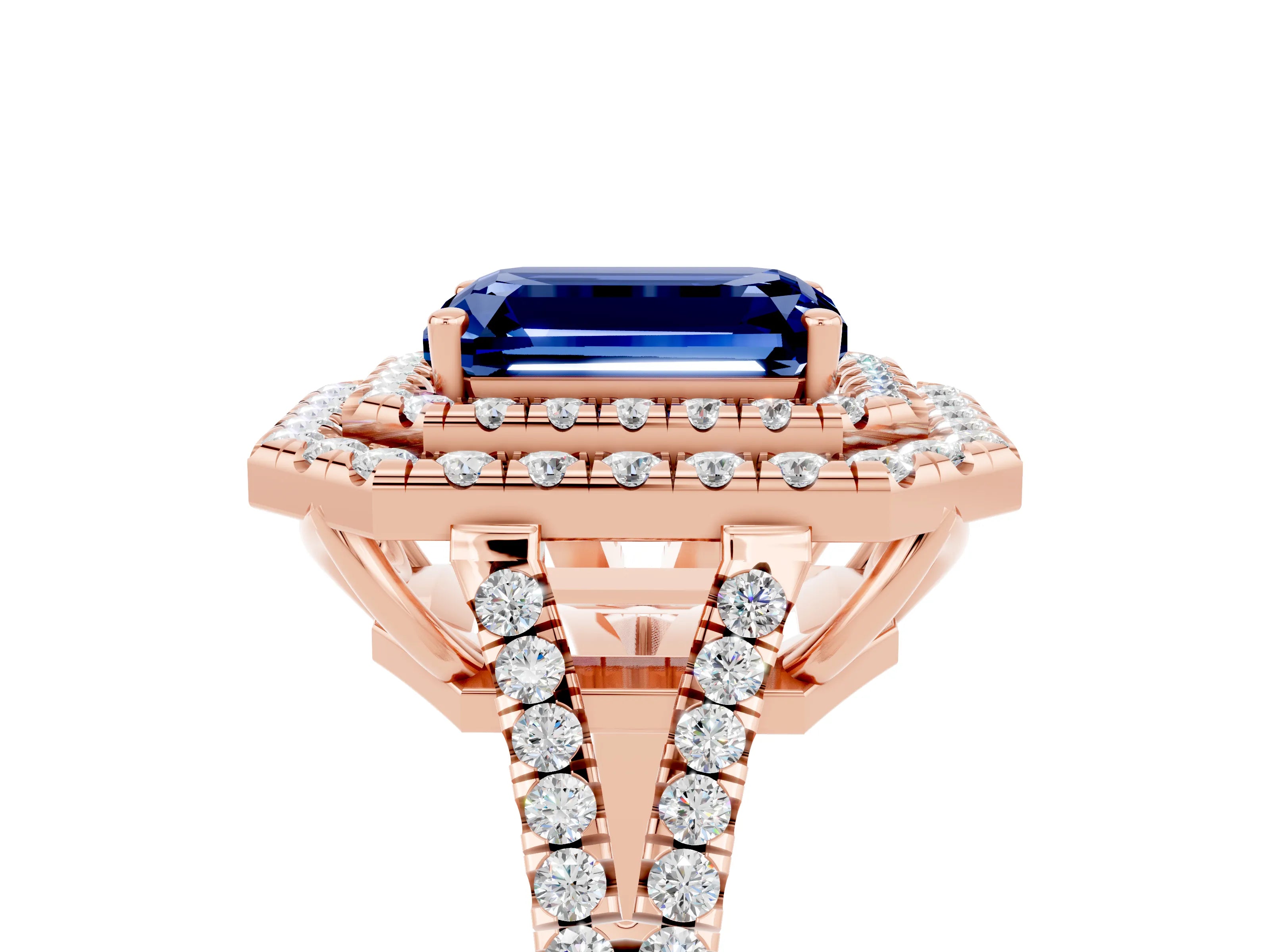 Rose gold Emerald Cut Blue Sapphire Double Halo Ring with Pavé Band and Prong Setting_17