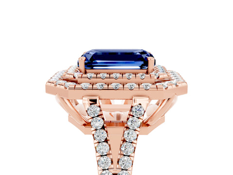 Rose gold Emerald Cut Blue Sapphire Double Halo Ring with Pavé Band and Prong Setting_17