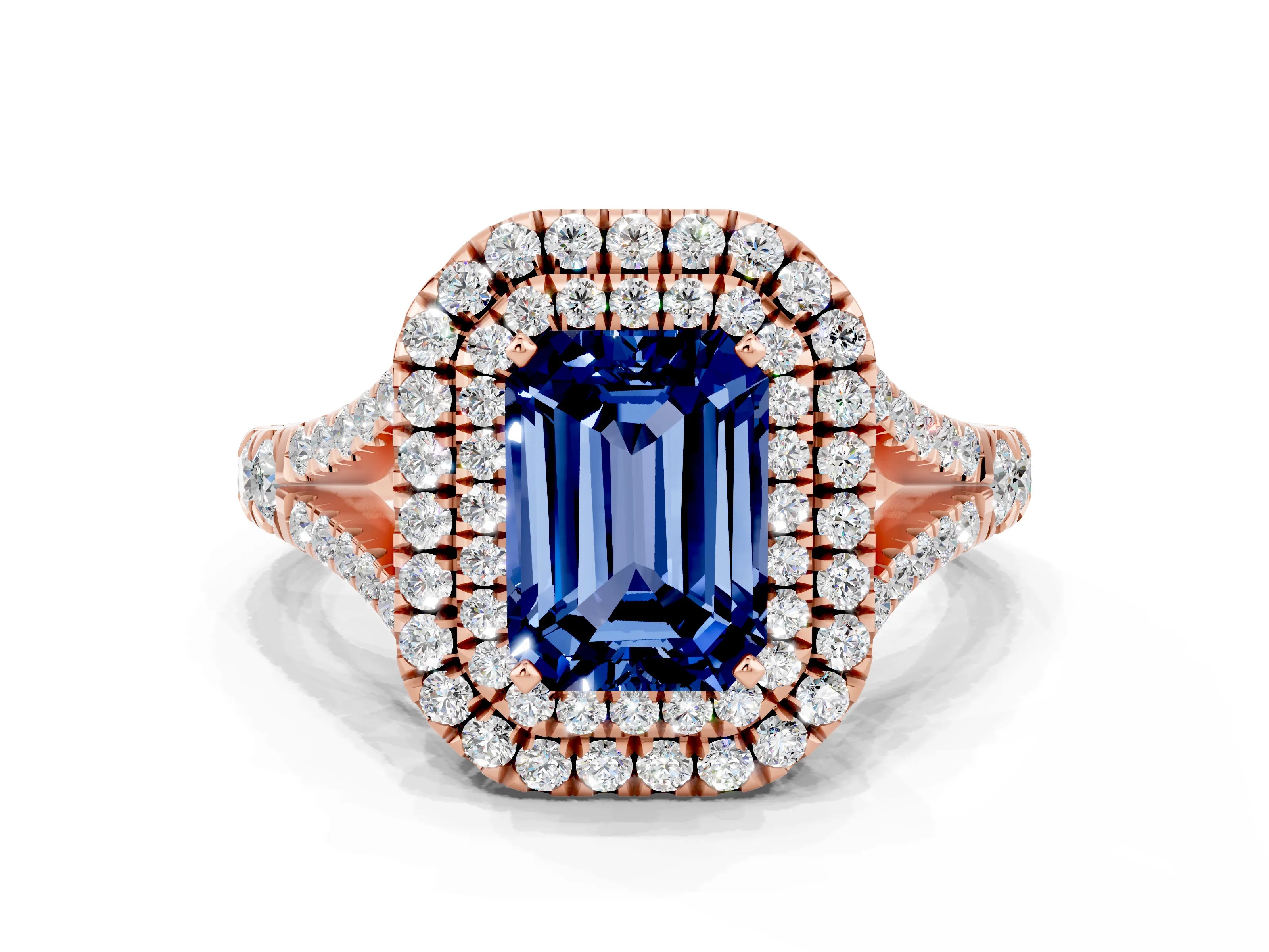 Rose gold Emerald Cut Blue Sapphire Double Halo Ring with Split Shank and Prong Setting_12