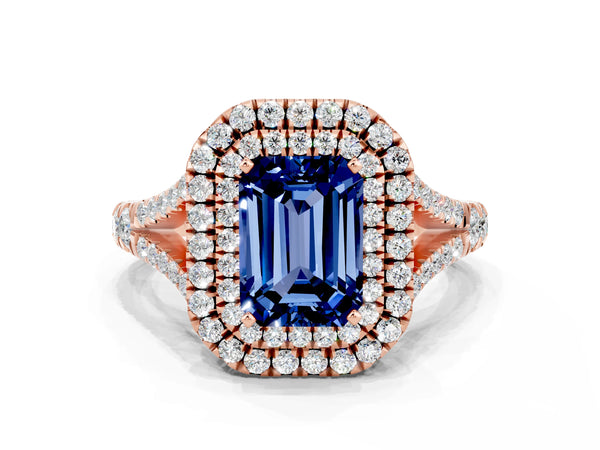 Rose gold Emerald Cut Blue Sapphire Double Halo Ring with Split Shank and Prong Setting