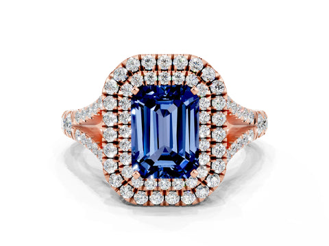 Rose gold Emerald Cut Blue Sapphire Double Halo Ring with Split Shank and Prong Setting_12