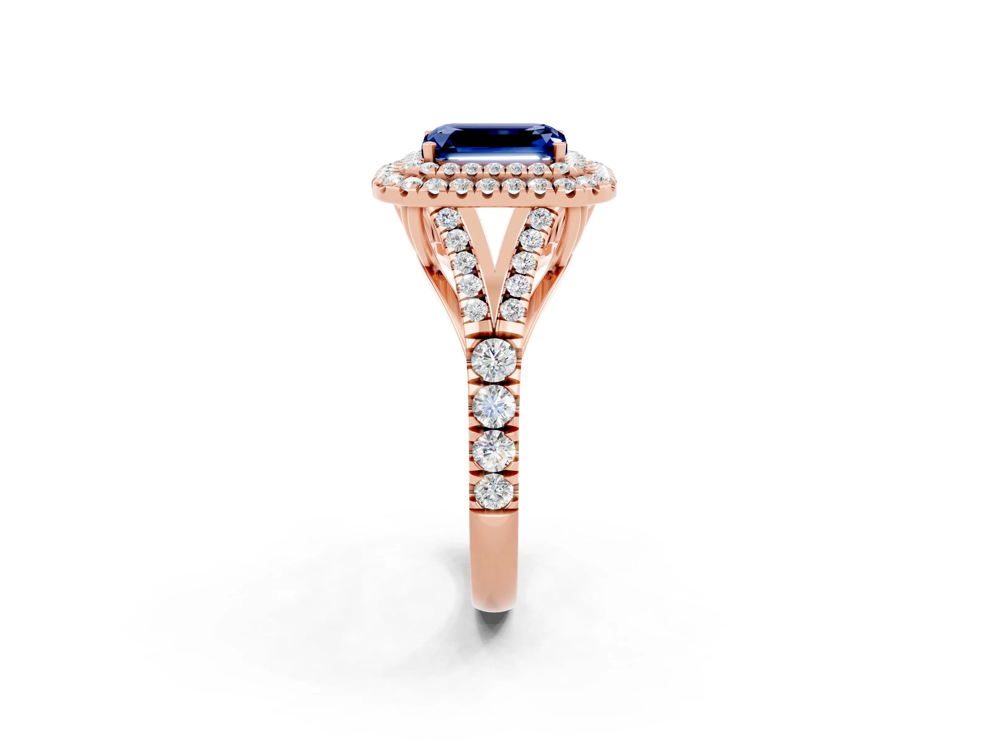 Rose gold Emerald Cut Blue Sapphire Double Halo Ring with Split Shank and Prong Setting_14