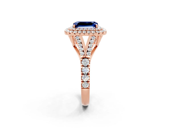 Rose gold Emerald Cut Blue Sapphire Double Halo Ring with Split Shank and Prong Setting