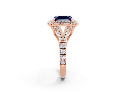 Rose gold Emerald Cut Blue Sapphire Double Halo Ring with Split Shank and Prong Setting_14