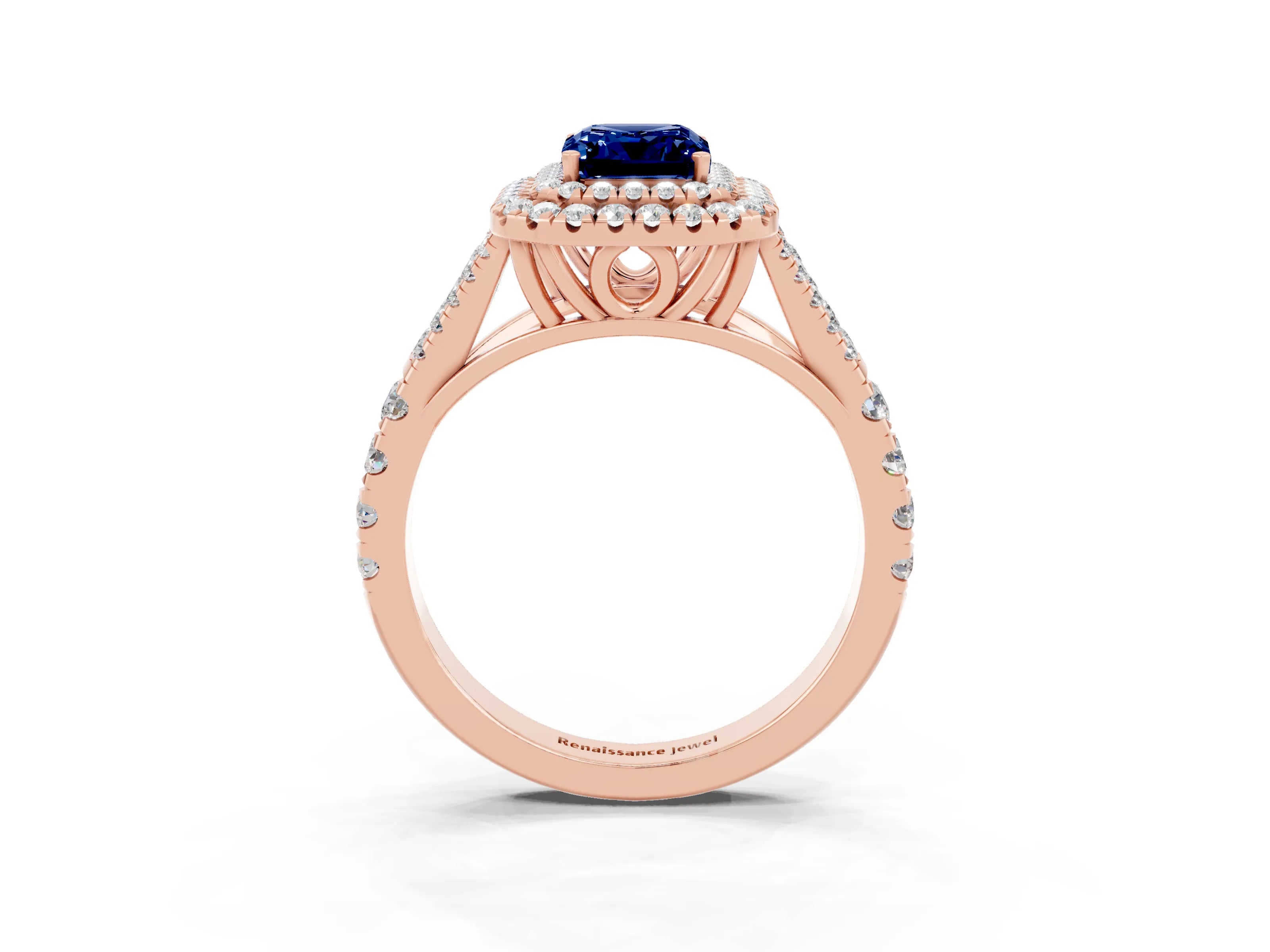 Rose gold Emerald Cut Blue Sapphire Double Halo Ring with Split Shank and Prong Setting_15