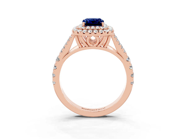 Rose gold Emerald Cut Blue Sapphire Double Halo Ring with Split Shank and Prong Setting