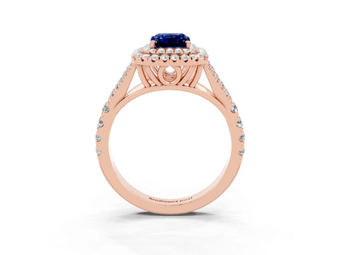Rose gold Emerald Cut Blue Sapphire Double Halo Ring with Split Shank and Prong Setting_15