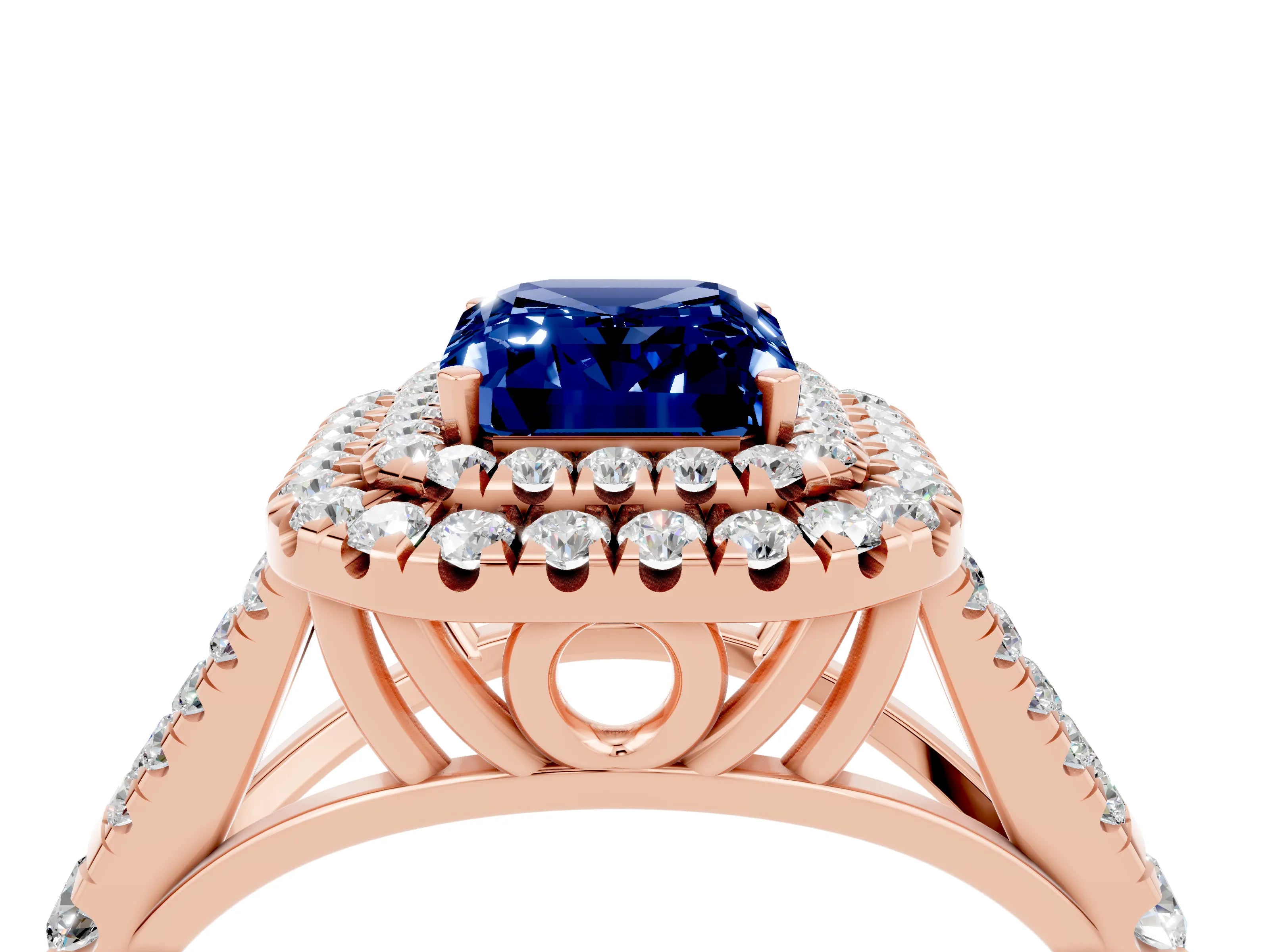 Rose gold Emerald Cut Blue Sapphire Double Halo Ring with Split Shank and Prong Setting_16