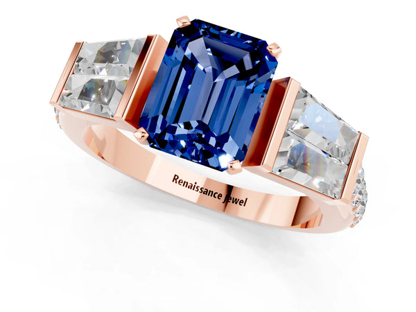 Rose gold Emerald Cut Blue Sapphire Engagement Ring with Baguette Side Stones and Channel Set Band