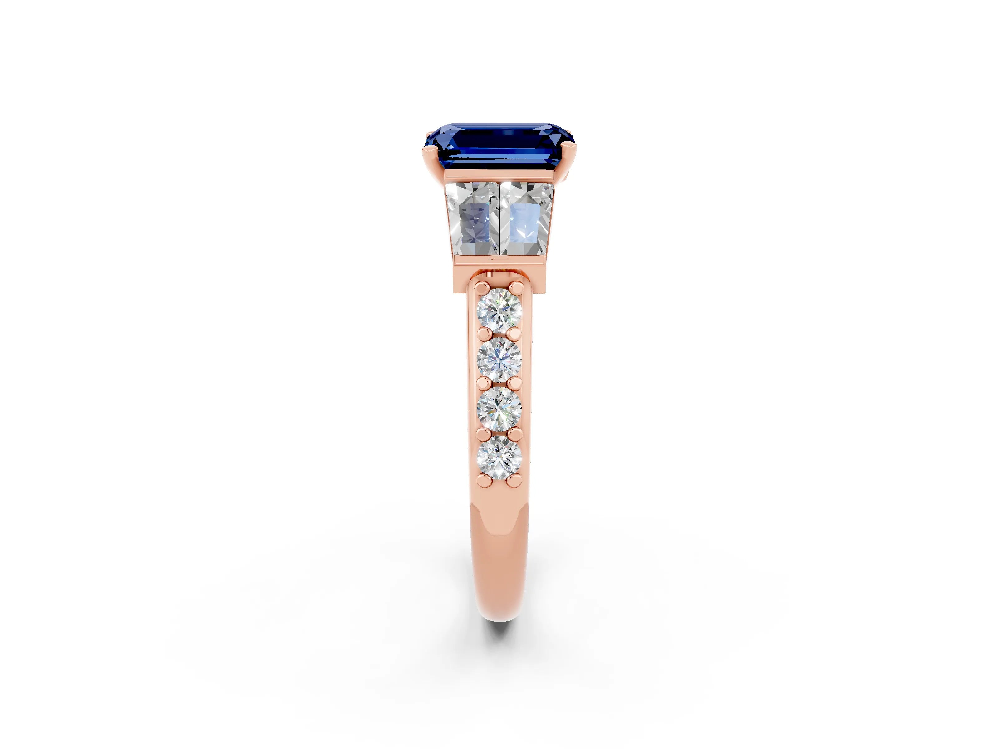 Rose gold Emerald Cut Blue Sapphire Engagement Ring with Baguette Side Stones and Channel Set Band_2