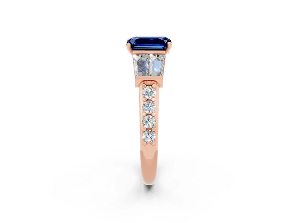 Rose gold Emerald Cut Blue Sapphire Engagement Ring with Baguette Side Stones and Channel Set Band