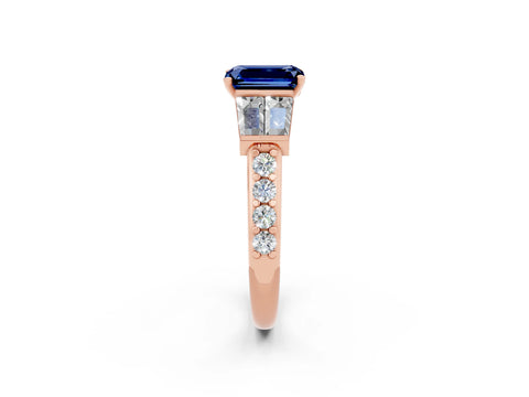 Rose gold Emerald Cut Blue Sapphire Engagement Ring with Baguette Side Stones and Channel Set Band_2