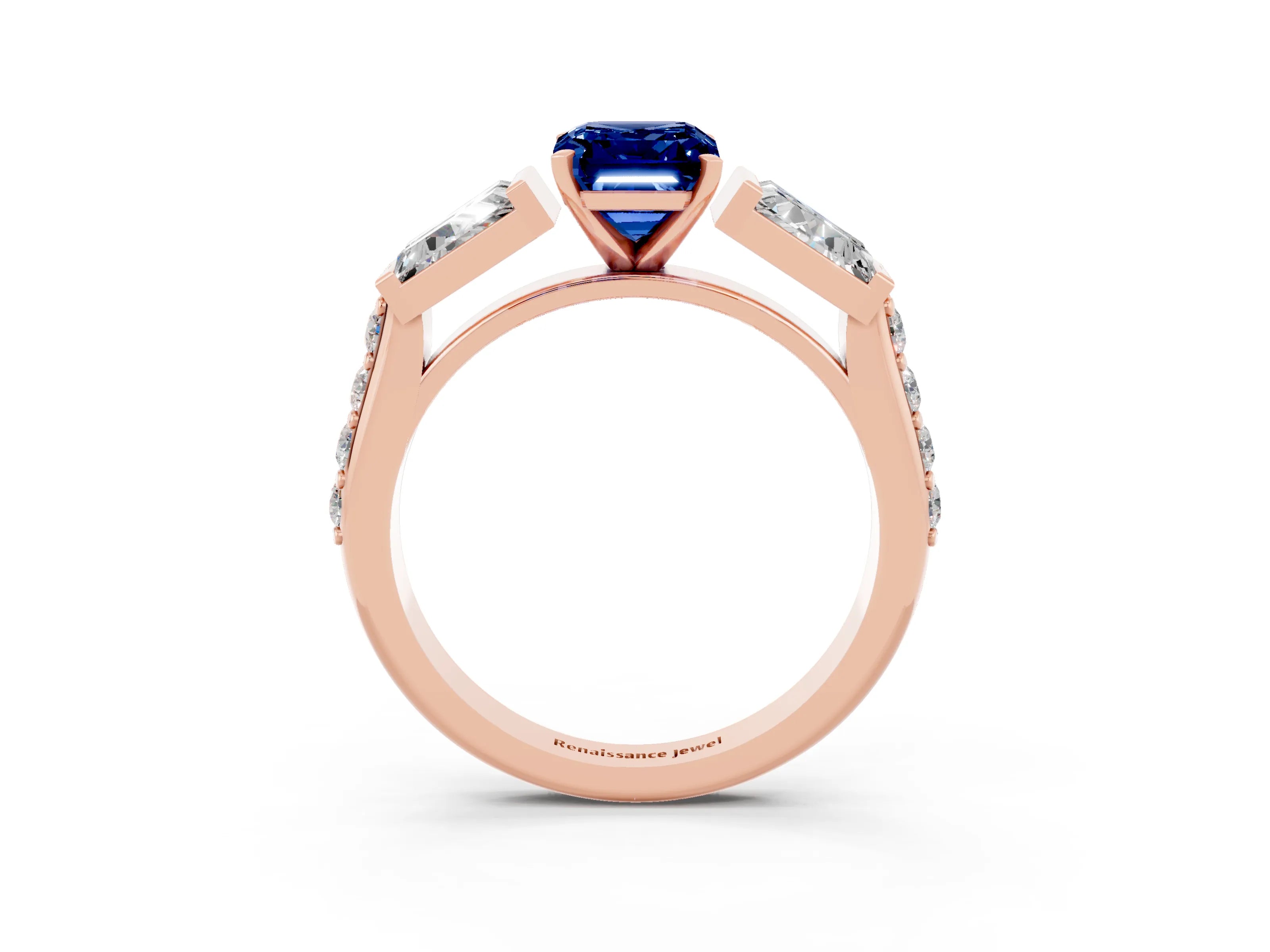 Rose gold Emerald Cut Blue Sapphire Engagement Ring with Baguette Side Stones and Channel Set Band_3