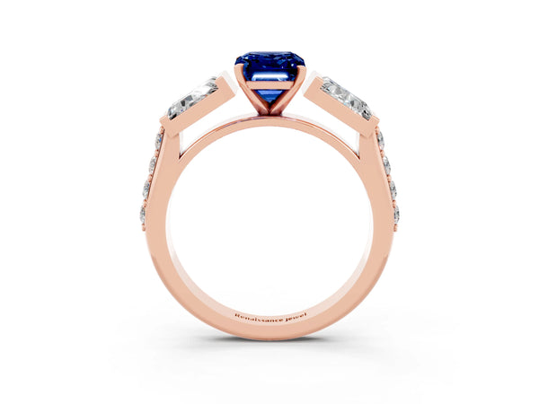 Rose gold Emerald Cut Blue Sapphire Engagement Ring with Baguette Side Stones and Channel Set Band