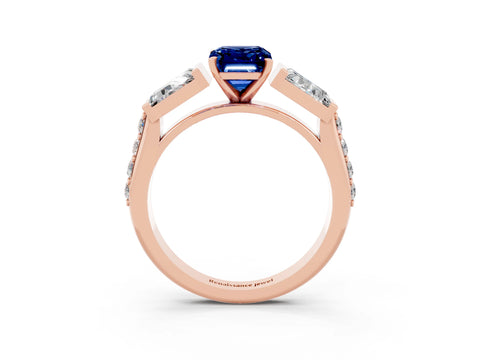 Rose gold Emerald Cut Blue Sapphire Engagement Ring with Baguette Side Stones and Channel Set Band_3
