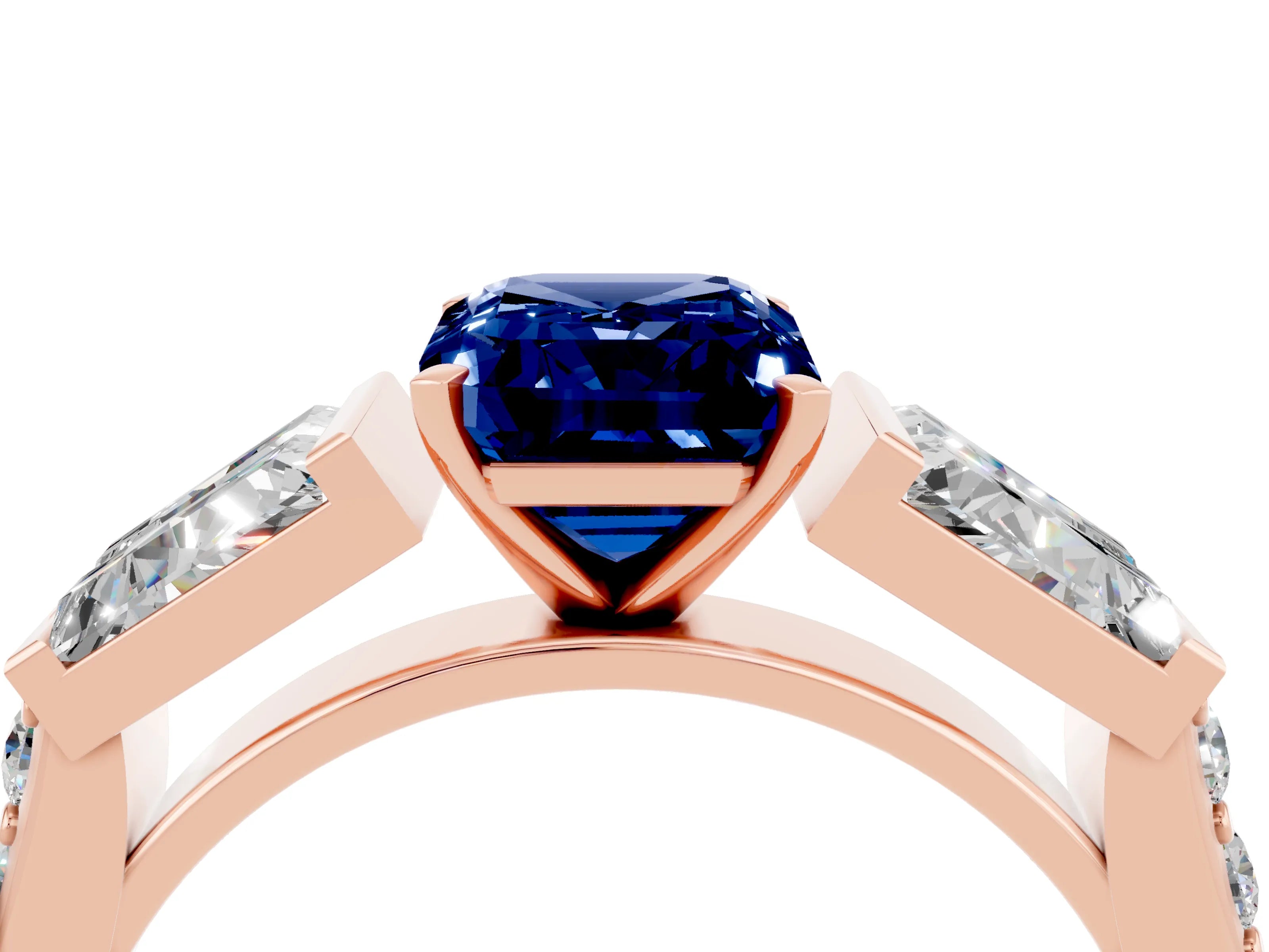 Rose gold Emerald Cut Blue Sapphire Engagement Ring with Baguette Side Stones and Channel Set Band_4