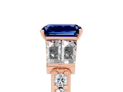 Rose gold Emerald Cut Blue Sapphire Engagement Ring with Baguette Side Stones and Channel Set Band_5