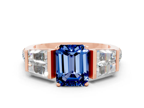 Rose gold Emerald Cut Blue Sapphire Engagement Ring with Baguette Side Stones and Channel Set Band