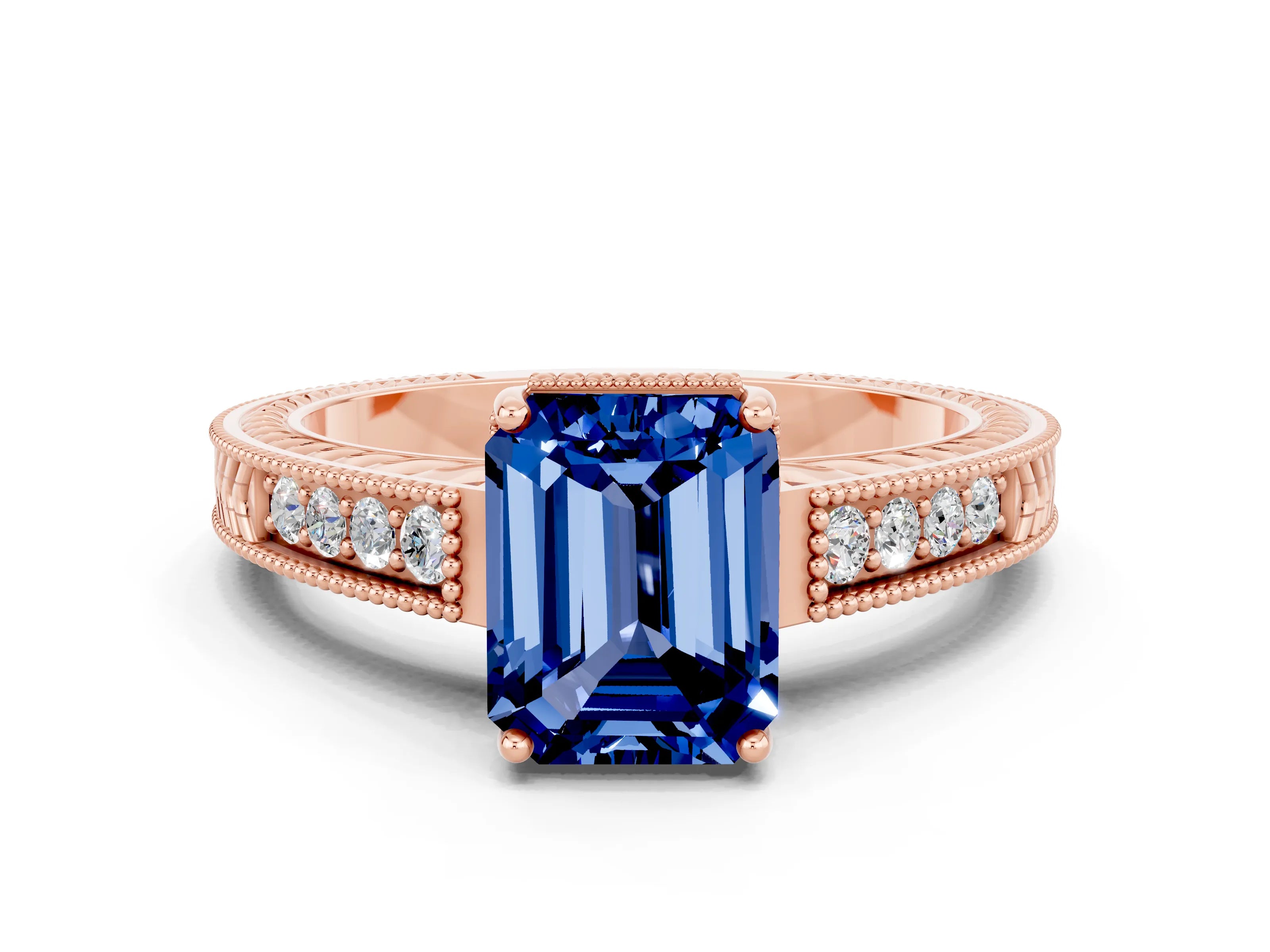 Rose gold Emerald Cut Blue Sapphire Engagement Ring with Milgrain Channel Set Band and Prong Setting