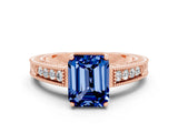 Rose gold Emerald Cut Blue Sapphire Engagement Ring with Milgrain Channel Set Band and Prong Setting