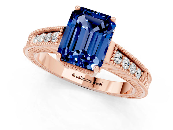 Rose gold Emerald Cut Blue Sapphire Engagement Ring with Milgrain Channel Set Band and Prong Setting