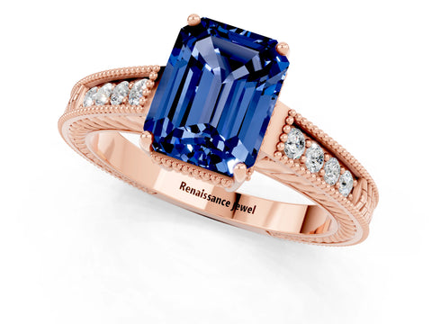 Rose gold Emerald Cut Blue Sapphire Engagement Ring with Milgrain Channel Set Band and Prong Setting_1