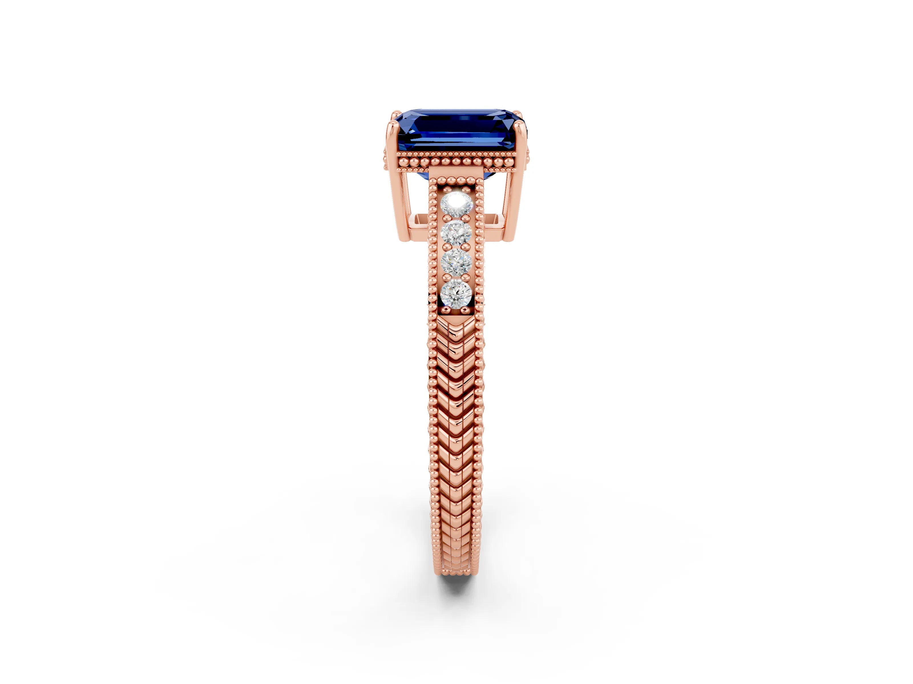 Rose gold Emerald Cut Blue Sapphire Engagement Ring with Milgrain Channel Set Band and Prong Setting_2