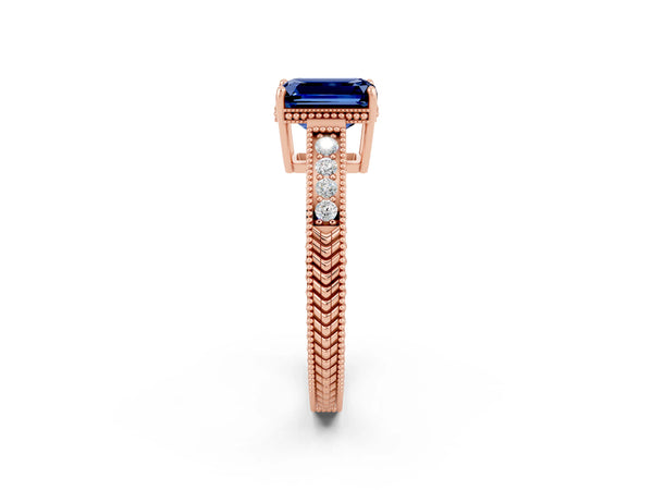 Rose gold Emerald Cut Blue Sapphire Engagement Ring with Milgrain Channel Set Band and Prong Setting