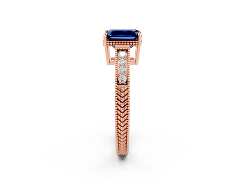 Rose gold Emerald Cut Blue Sapphire Engagement Ring with Milgrain Channel Set Band and Prong Setting_2