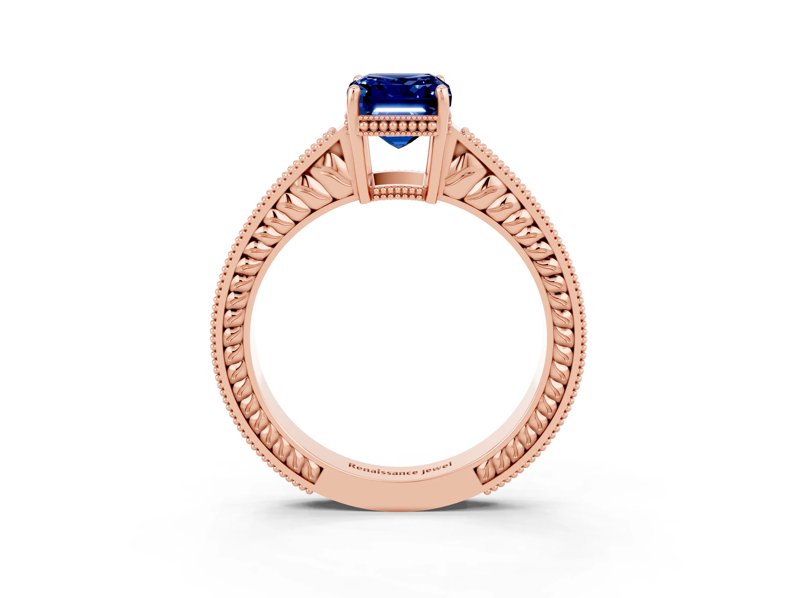 Rose gold Emerald Cut Blue Sapphire Engagement Ring with Milgrain Channel Set Band and Prong Setting_3