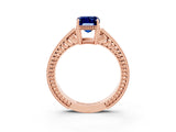 Rose gold Emerald Cut Blue Sapphire Engagement Ring with Milgrain Channel Set Band and Prong Setting_3