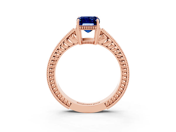 Rose gold Emerald Cut Blue Sapphire Engagement Ring with Milgrain Channel Set Band and Prong Setting