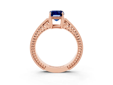 Rose gold Emerald Cut Blue Sapphire Engagement Ring with Milgrain Channel Set Band and Prong Setting_3