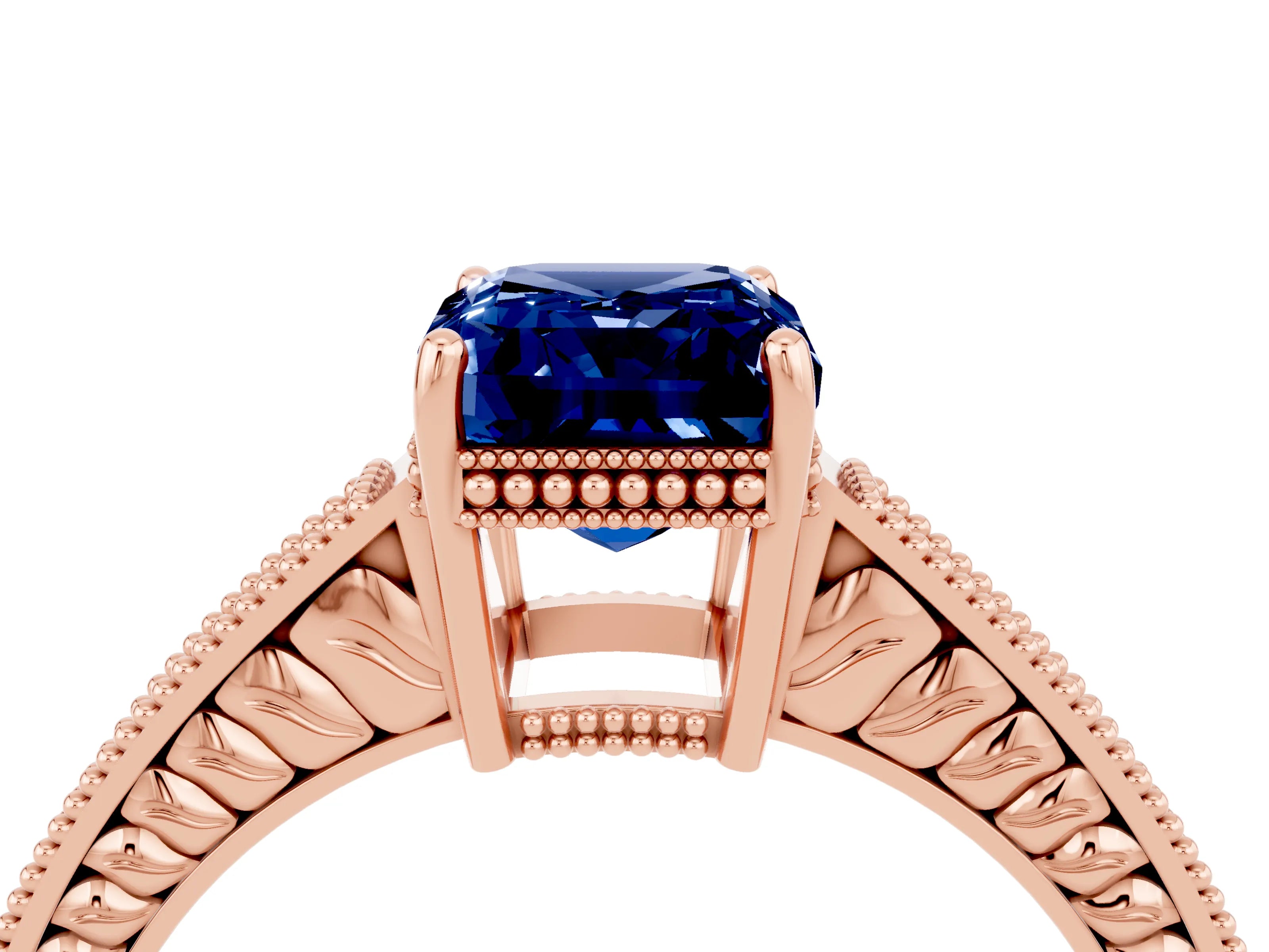 Rose gold Emerald Cut Blue Sapphire Engagement Ring with Milgrain Channel Set Band and Prong Setting_4