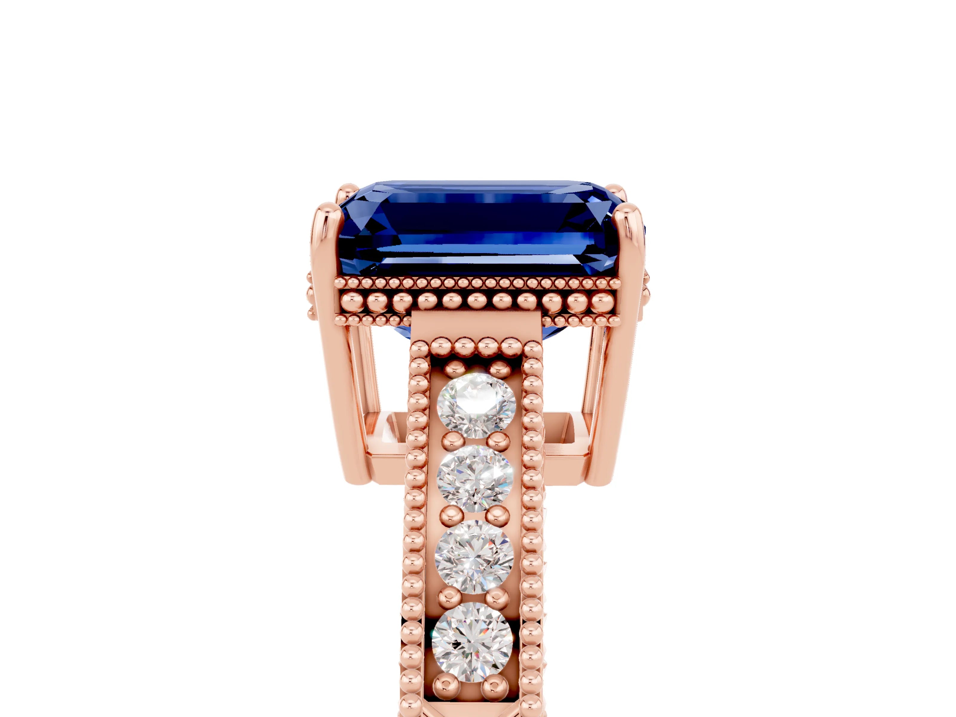 Rose gold Emerald Cut Blue Sapphire Engagement Ring with Milgrain Channel Set Band and Prong Setting_5