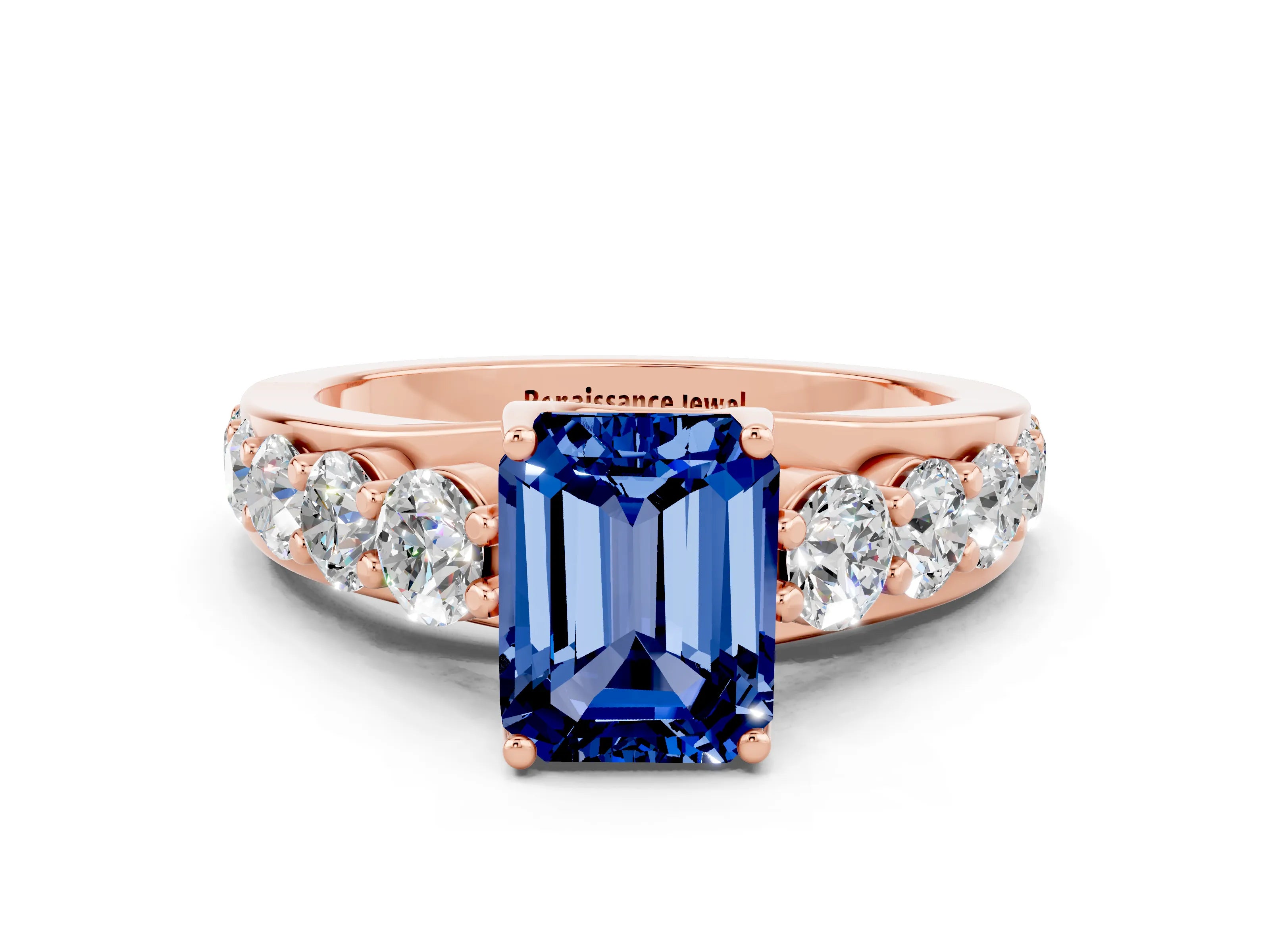 Rose gold Emerald Cut Blue Sapphire Engagement Ring with Pavé Band and Four-Prong Setting