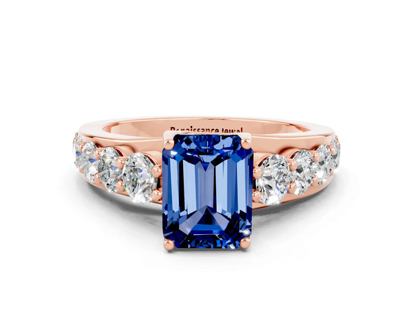 Rose gold Emerald Cut Blue Sapphire Engagement Ring with Pavé Band and Four-Prong Setting