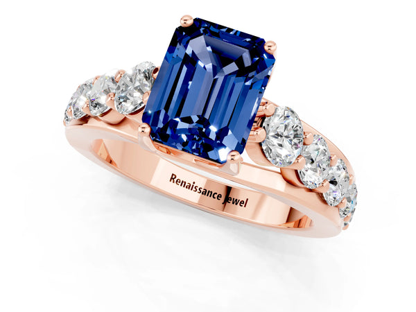 Rose gold Emerald Cut Blue Sapphire Engagement Ring with Pavé Band and Four-Prong Setting