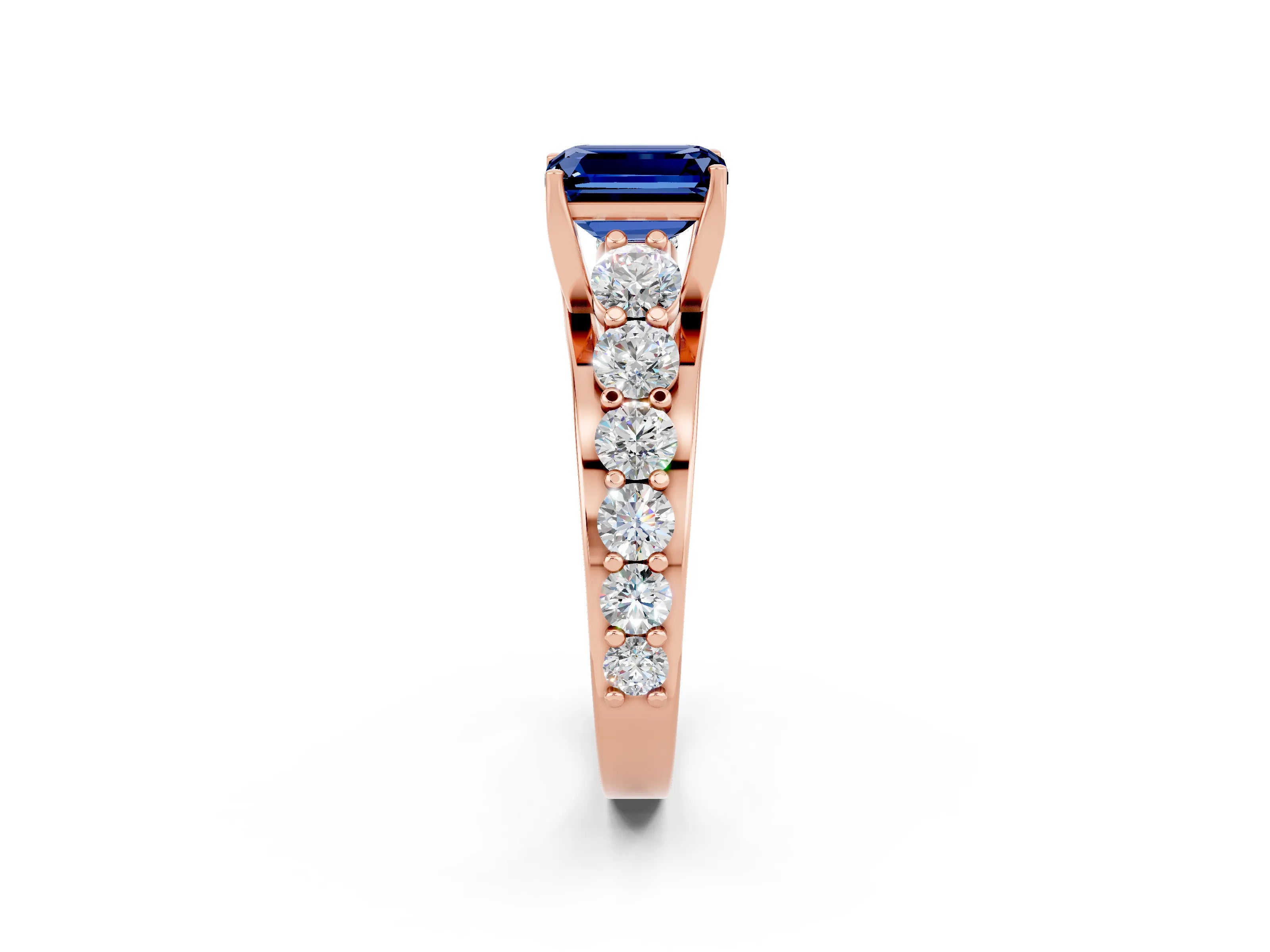 Rose gold Emerald Cut Blue Sapphire Engagement Ring with Pavé Band and Four-Prong Setting_2